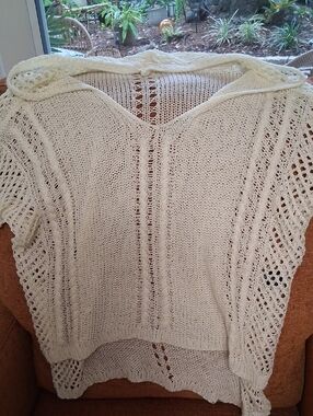 POL Cream Openwork V-Neck Knit Sweater